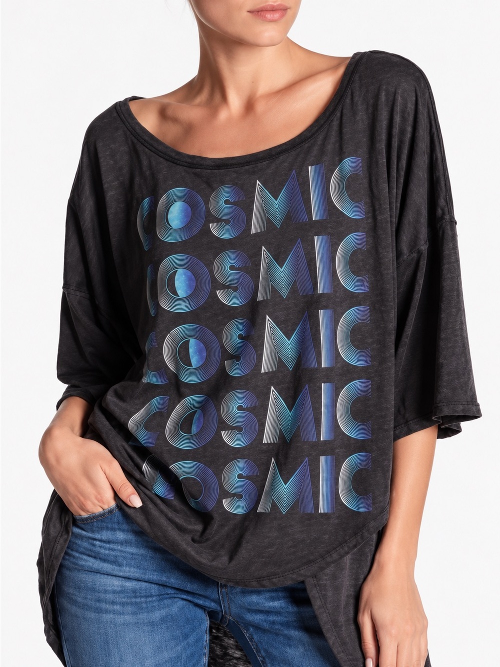 Free People We The Free Cosmic Graphic Tee XS Charcoal Oversized Asymmetrical